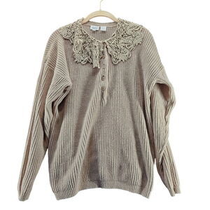 Together Womens Sweater Tan Size Medium Ramie Blend Long Sleeve Lace Overlay